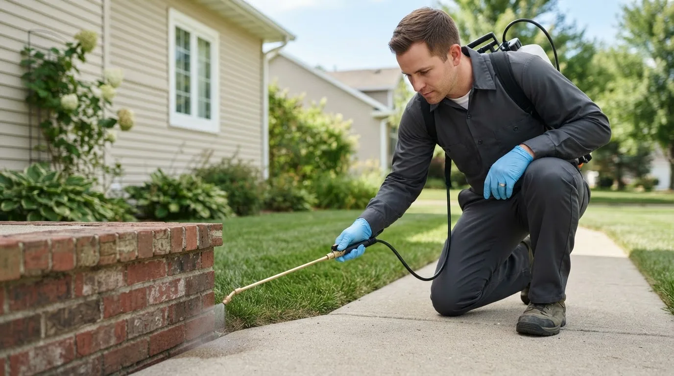 Pest control technician treating a home near Baroda, MI