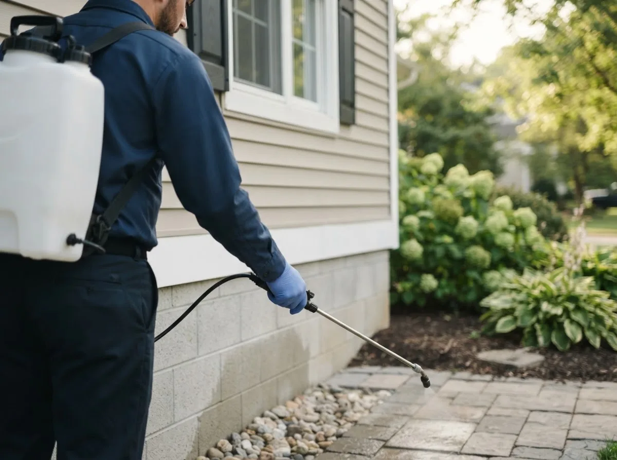 Pest control technician inspecting a home in Baroda, MI